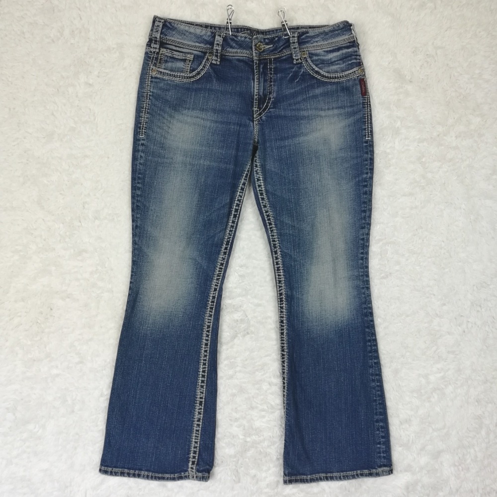 Silver Jeans Womens Suki Boot Cut Blue Denim Medium Wash Mid Rise Whiskering 34